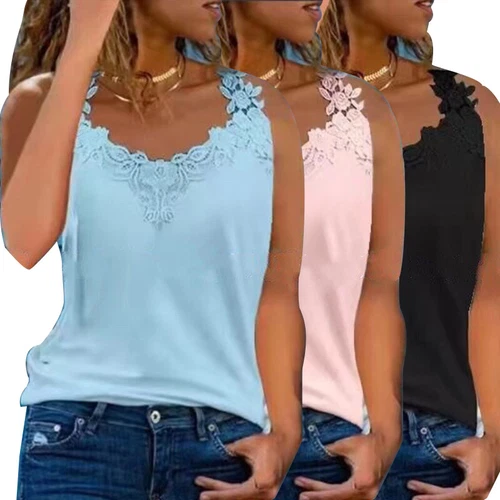 Verano Mujeres Chaleco de Encaje Camiseta Sin Mangas Cuello en V Camiseta sin Mangas Camisola Informal Prendas para el torso - Imagen 5 de 21