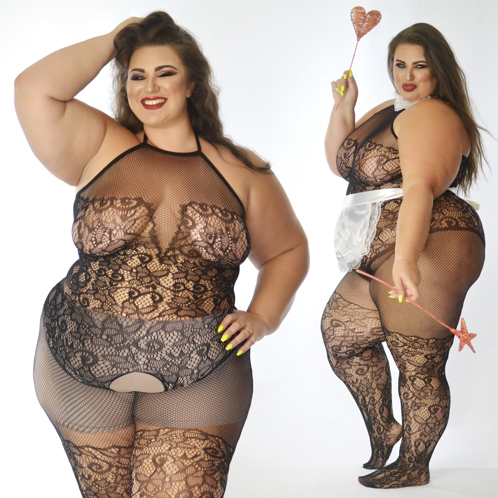 UK 12-36 Sleeve Full Bodystocking Lingerie Fishnet Plus BBW Purple, Red, Black