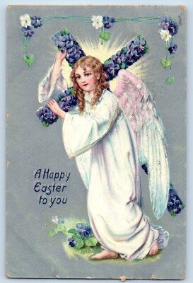 Easter Postcard Angel Carried Holy Cross Covered Flowers Tuck Grass Valley CA