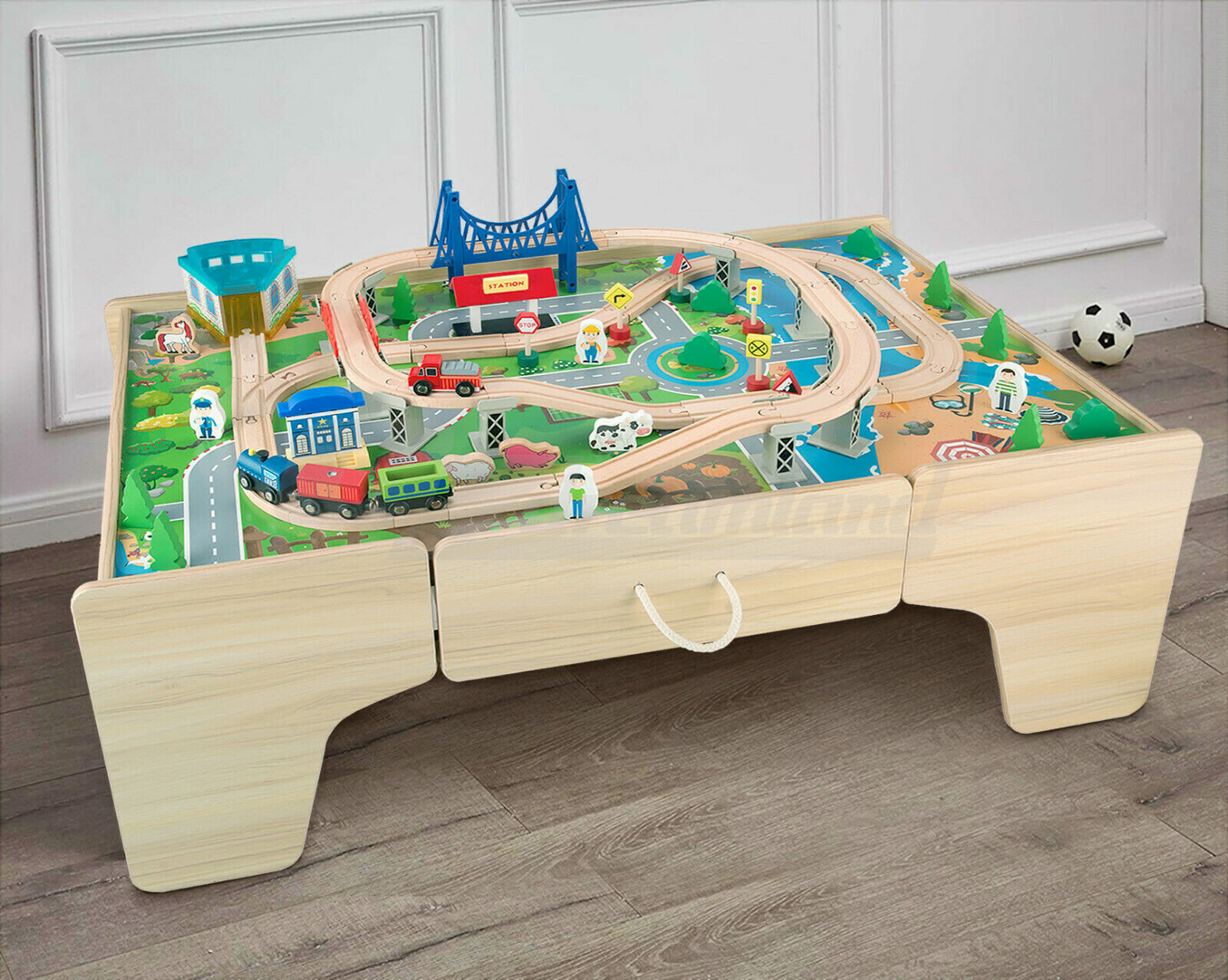 Kids Wooden Train Railway Activity Track Set Play Table with Storage Drawer 80PC