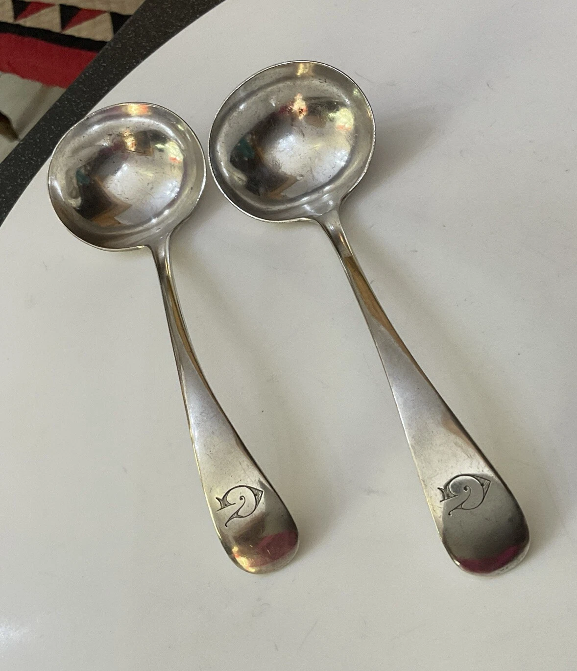 Antique 2 WP Silver Plate Old English EPNS Toddy Sauce Ladle Cutlery G Monogram