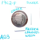 1902 PHILADELPHIA BARBER SILVER DIME IN ABOUT GOOD CONDITION (WORN LEGENDS)