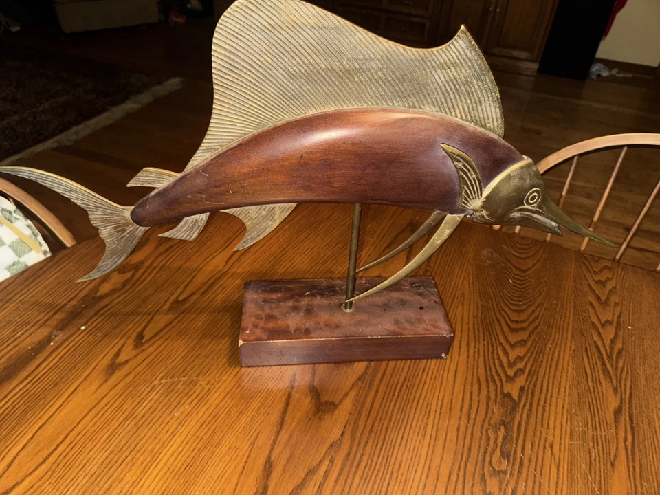 VTG 1950s Mantel Fish Swordfish Sport Fish Brass & Wood Statue Frederick Cooper - Image 2 of 4