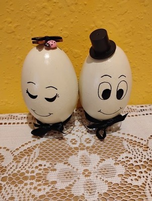 Real Goose Egg pair hand painted  and dressed in top hat, bows, and fine attire