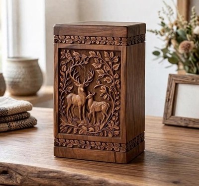 cluded (where applicable) Hand-Carved Deer Forest Wooden Box - Artisan Keepsake 