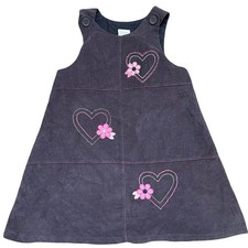 Vintage Girls Corduroy Heart Flower Embroidered Pinafore Dress Size 6 Gray Pink