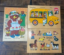 LOT OF 3 Vintage Fisher Price School Bus 515 Farm 507 Bear 506 Wooden Puzzles
