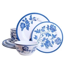 Melamine Dinnerware Set 12-Piece for 4 Dish Set Plates Bowls Light Blue