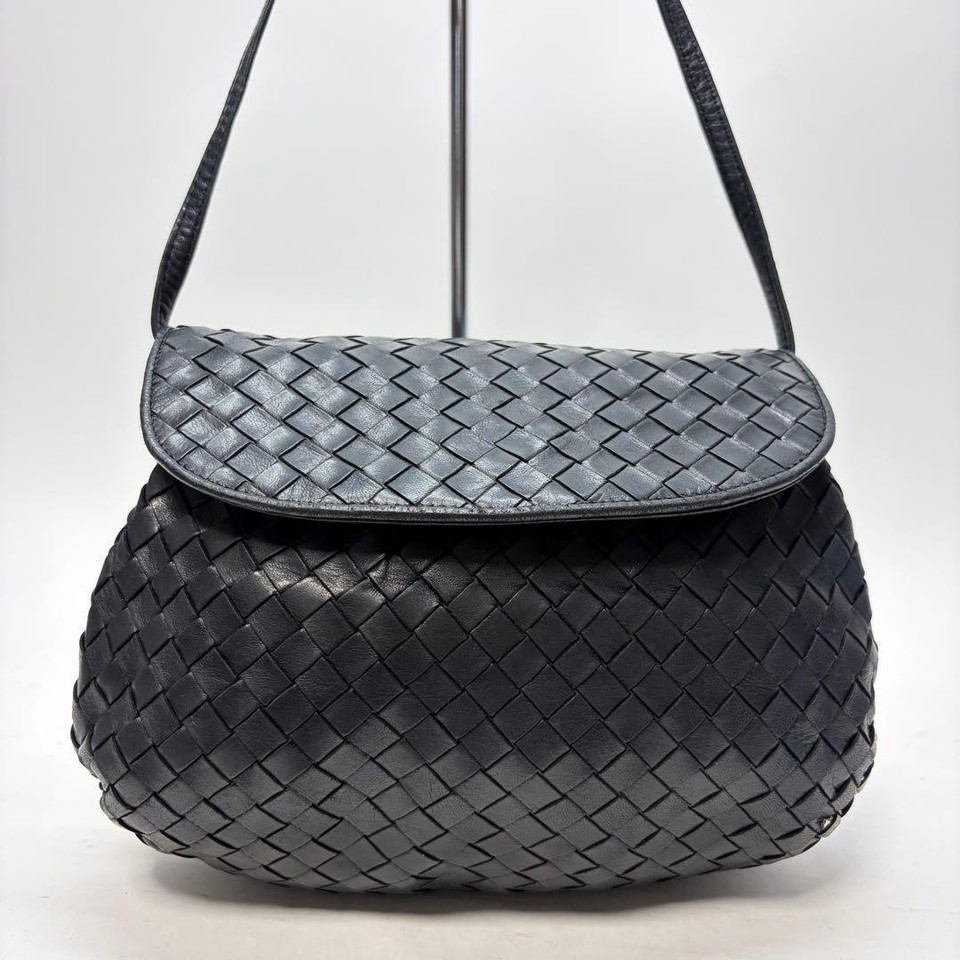 Bottega Veneta Intrecciato Shoulder bag Black Flap Crossbody Made in Italy#4072