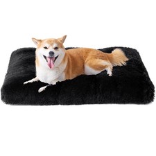 Plush Faux Fur Crate Bed for Large Dogs, Calming Washable NonSlip Black