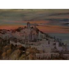 ORIGINAL Painting Impressionism Cityscape Sunset in Haifa 12.2"x16 Piter Ilitzky