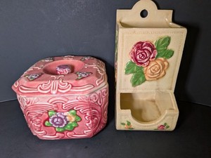 Vintage Ceramic Match Stick Holder   Wall mount w/Tea Box Japan Great Condition 