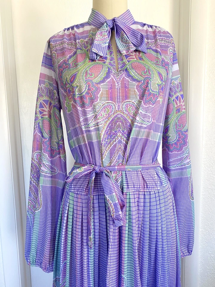 Vestido Secretaria Vintage Años 70 Psicodélico Colorido Coño Lazo Top Act Talla Grande EE. UU. Foto 2 de 4