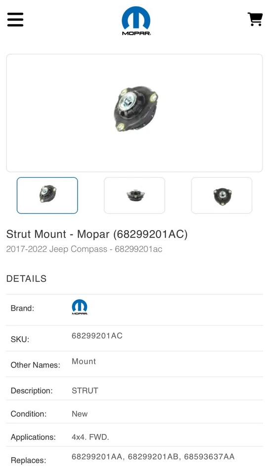 NUEVO Genuino Mopar 68299201AC Montaje Puntal Delantero 17-22 Jeep Compass Foto 2 de 4