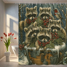 Adorable Raccoon Shower Curtain with Holiday Decor