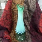 Vintage Fenton  Uranium Green Opalescent Hobnail 7.5” Bud Vase  *Read Desc*