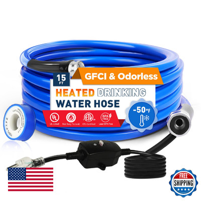 XPORTION 15FT Heated Water Hose RV Garden Leak-Proof 50°F 46°C Self-Regulating 5