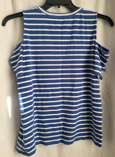 Michael Kors Knit Shirt Womens Medium Striped Cold Shoulder Blue White Top Logo - Picture 6 of 7