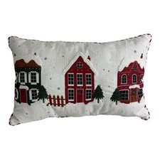 Christmas Houses Throw Pillow Printed  Embroidered Rectangle New 14x22"