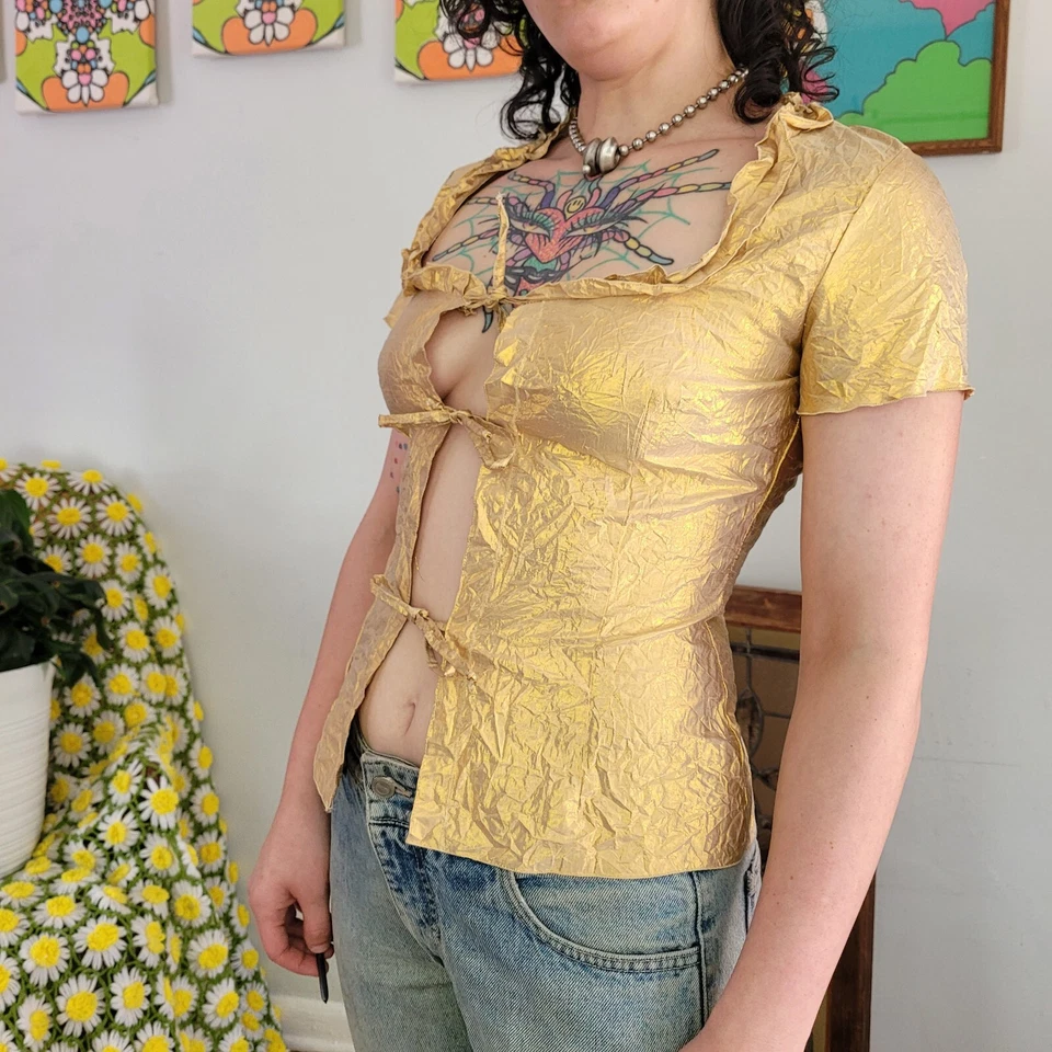 Vtg 60/70s Gold Lamè Crinkle Triple Tie Open Blouse Sexy Glam Holiday Party Sm. - Image 3 of 4