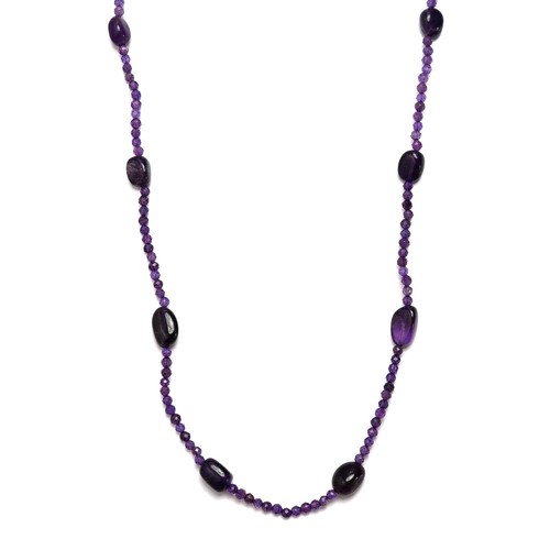 925 Sterling Silver Natural Amethyst Beaded Station Necklace Gift Size 20 Ct 67