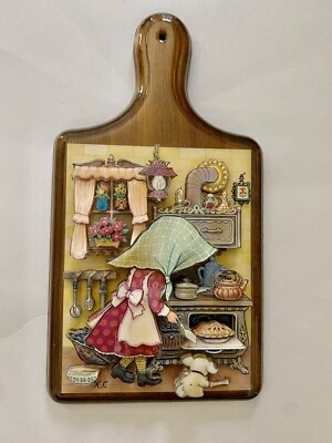 Lacquered Wood 3D Bread Board Wall Plaque Girl Puppy Cooking Kitchen Scene