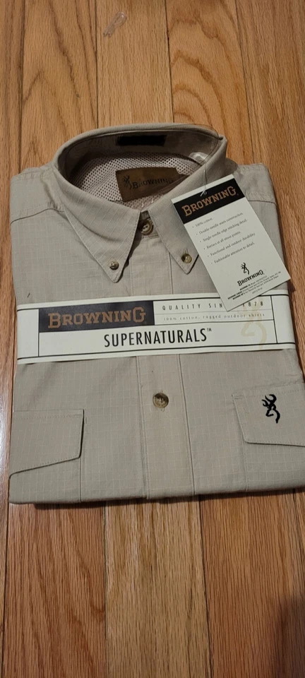 Browning Shooter Shirt Mens Beige Solid Khaki Padded Shoulder Vented Size M - Image 4 of 4