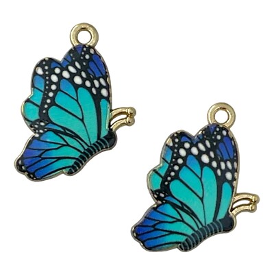 10 Butterfly Charms Blue Teal Gold Enamel Bead Drop Dangles Pendants 27x19mm