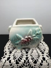 Vintage Pottery Planter Teal/Burgundy Flowers Free Shipping