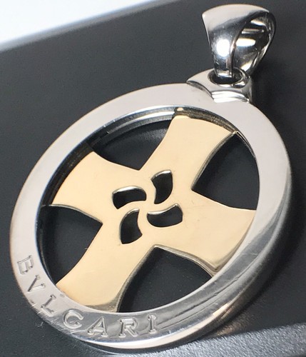 BVLGARI 18K YELLOW GOLD STEEL DISC 2 1/4” TONDO CROSS PENDANT PLSE READ S718 - Picture 8 of 9