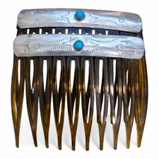 Native American Navajo Sterling Silver Turquoise Hair Combs Matching Pair