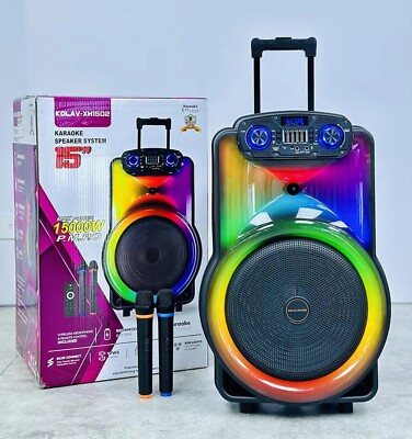 Tragbarer 15 Zoll Bluetooth Lautsprecher in Box Brandneu & Versiegelt mit 2 drahtlosen Mikrofonen
