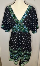 Uttam London Floral Beaded Cotton Dress Tunic Sparkly Green Aqua Black Sz XL
