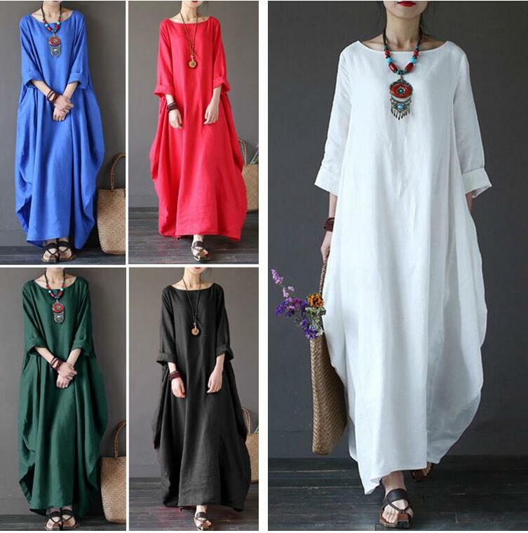 Oversized Womens Hot Crew Neck Loose Casual Cotton Long Maxi Dresses Baggy  Solid | eBay