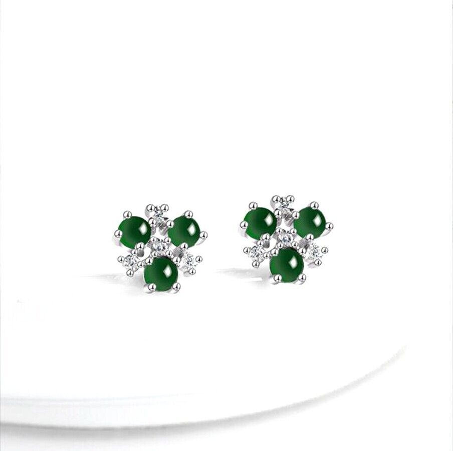 Certified Green Natural Burma Jadeite 925 Silver Fashion Stud Earrings  