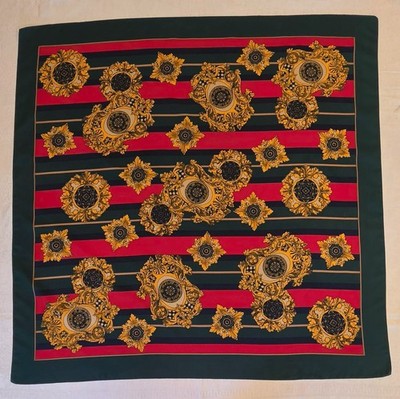STUNNING Large Heavy Silk Striped Heraldic Emblem Square Green and Red Scarf