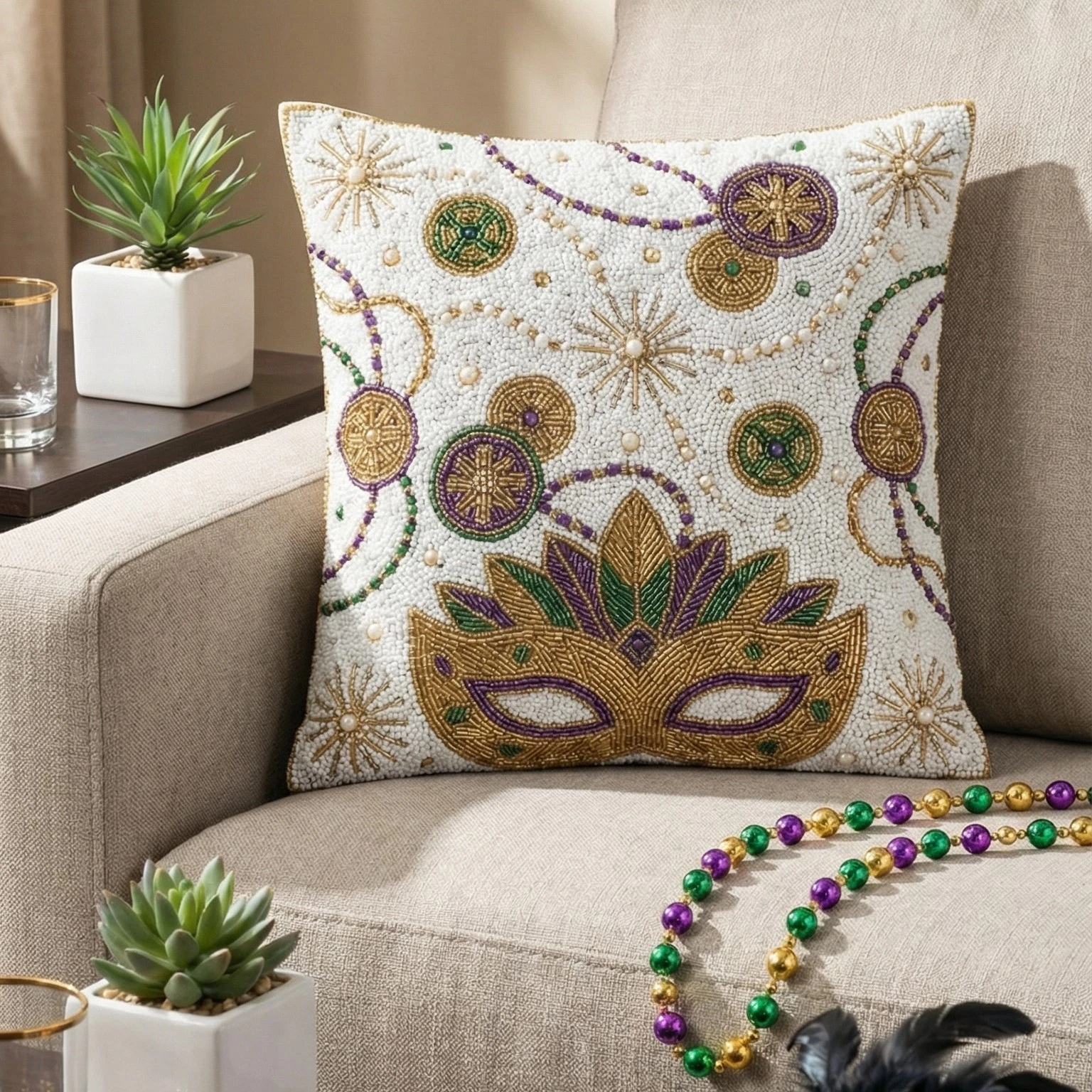 Mardi Gras Masquerade Beaded Throw Pillow Cover - Decorative Accent for Couch
Opens in a new window