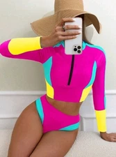 Neon Colorblock Swim Top & High-Rise Bottoms Set - Small