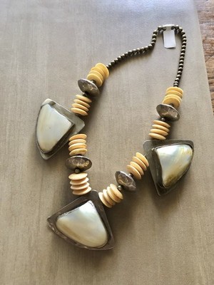 Artisan made Queen huge mother of Pearl silver and wood Necklace mid century