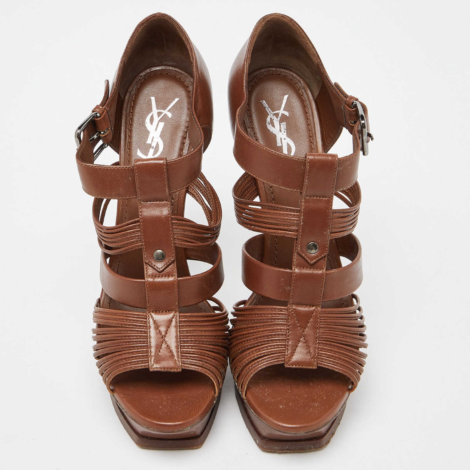 Sandali marroni Saint Laurent in pelle con cinturini plateau taglia 39 5