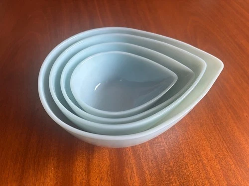 Fire King Set of 4 Azurite Blue Swedish Modern Teardrop Mixing Bowls Delphite
