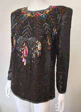 90s Vintage Silk Sequin Beads embellished Peacock Party top Glam Disco M