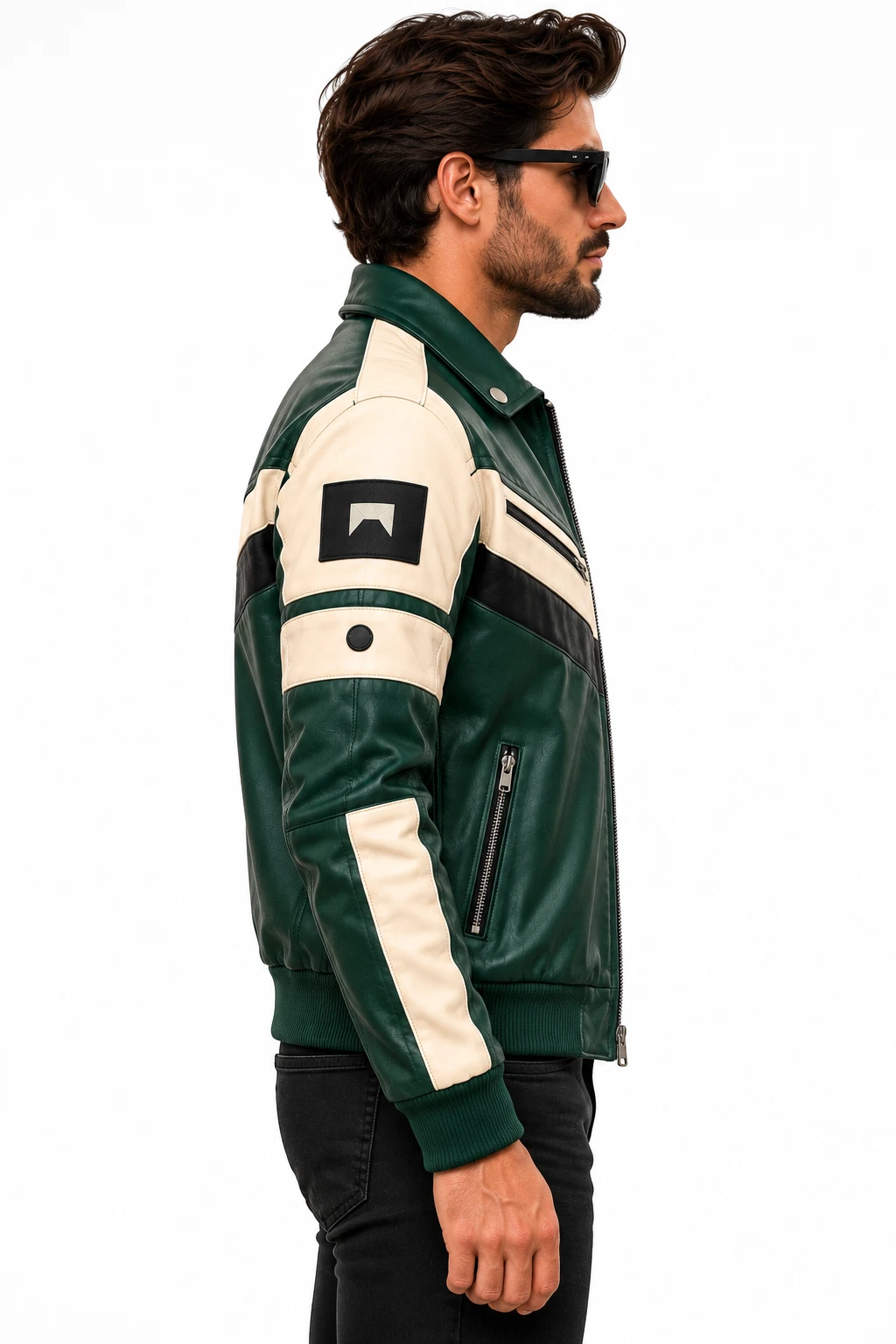 Mens Green White Genuine Cowhide Leather Jacket Retro Biker Racing Bomber Coat - product detail image 4
