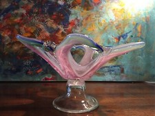 Vintage Mid Century Footed Murano Glass Stretch Art Bowl Basket- Pink Green Blue