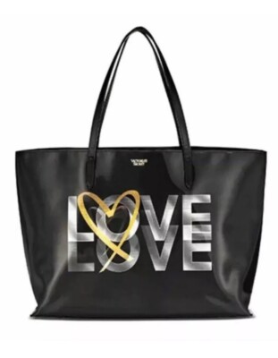 NEW VICTORIA SECRET LOVE Black Holographic Perfume Fragrance TOTE BAG NWT