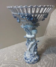 Antique KPM Porcelain Delft Color Compote Dish w Putti Climbing Tree