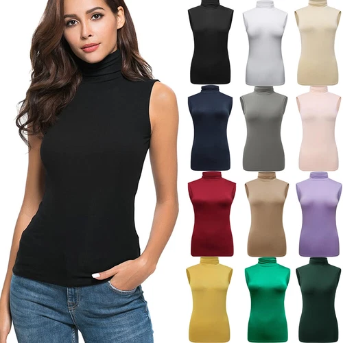 Sleeveless Mock Neck Tops Women Soft Basic High Turtleneck Fitted Tank Top Shirt
