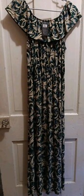 J&W Maxi Dress Womans Sz XXL Off The Shoulder Emerald Beige Leaves Vines Sparkle