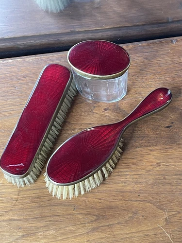Vintage 1920’s Guilloche Enamel German Vanity Set Art Deco 2 Brushes Lidded Jar