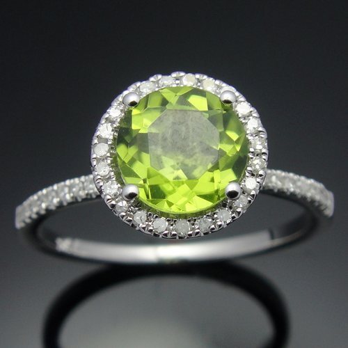 Real Round 6.5mm 1.36ct Peridot Real Diamond Gemstone Ring Solid 10k White Gold - Picture 2 of 6